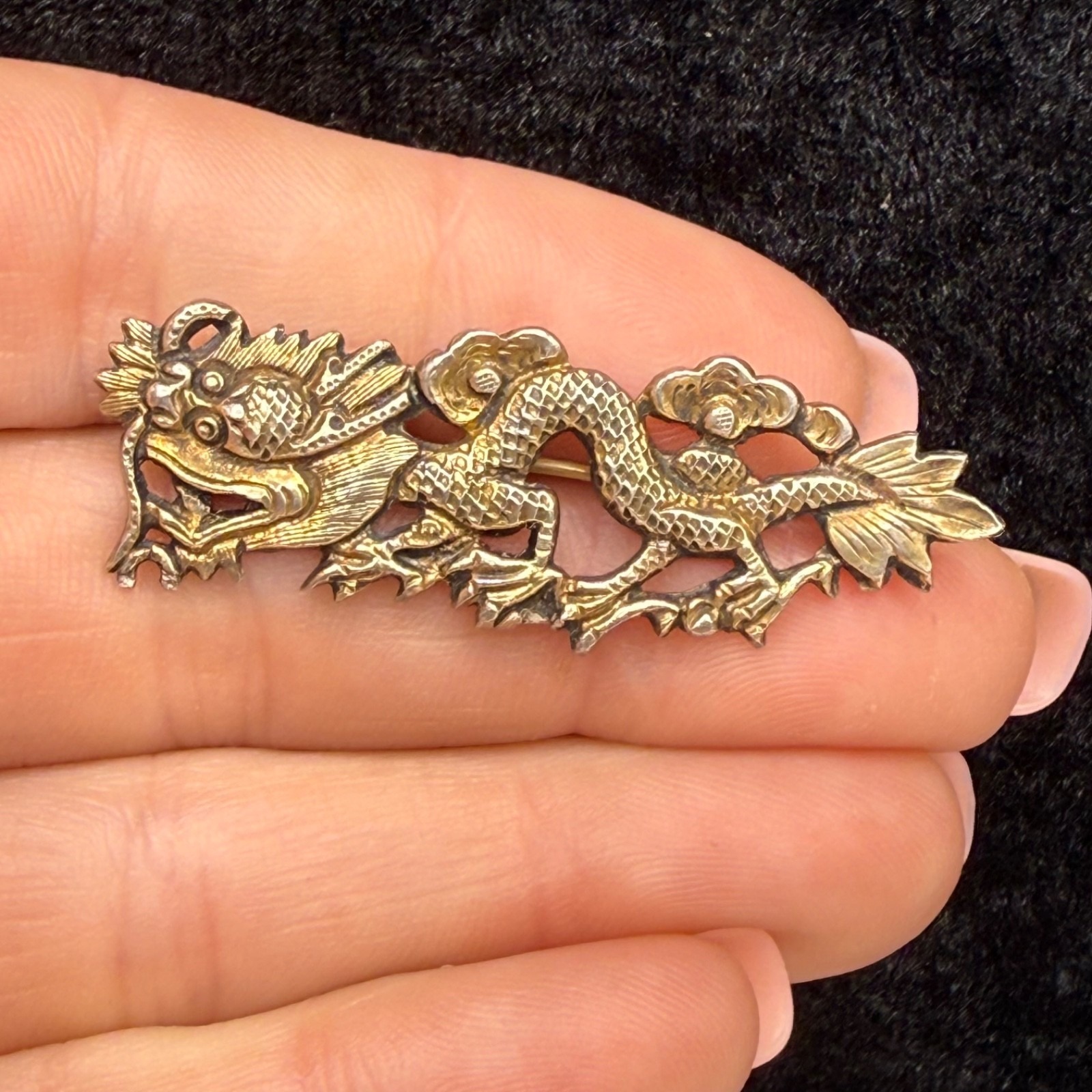 Vintage Chinese Dragon Brooch Menuki Gold Tone Japanese